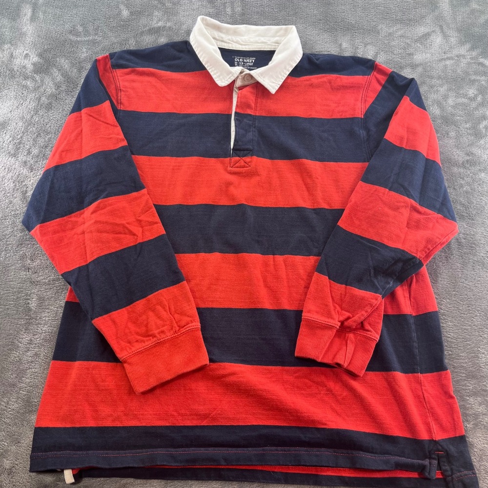 Old Navy Mens XXL Rugby Shirt Red Navy Blue Striped Long Sleeve Cotton 776274-00
